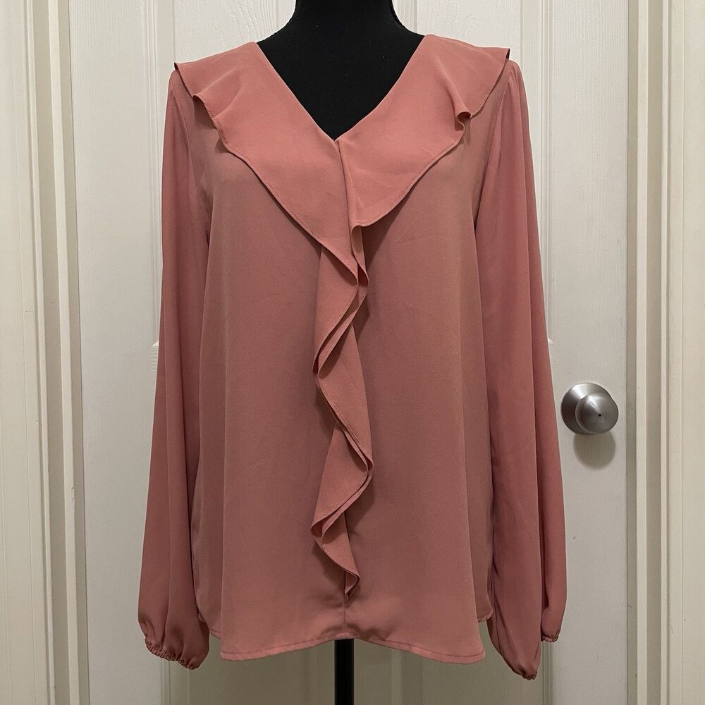 Adrienne Vittadini Ruffle Front V-Neck Blouse Shirt Mauve Pink Women's‎ Medium